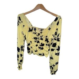 Open Edit Yellow Black Floral Smocked Ruched Crop Top Size Small Trendy